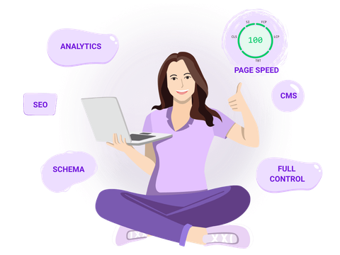 A cartoon woman using a laptop with the nViewsWEB Astro Theme and showed a thumbs up