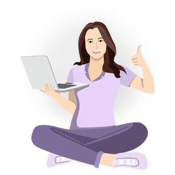 A cartoon woman using a laptop with the nViewsWEB Astro Theme and showed a thumbs up